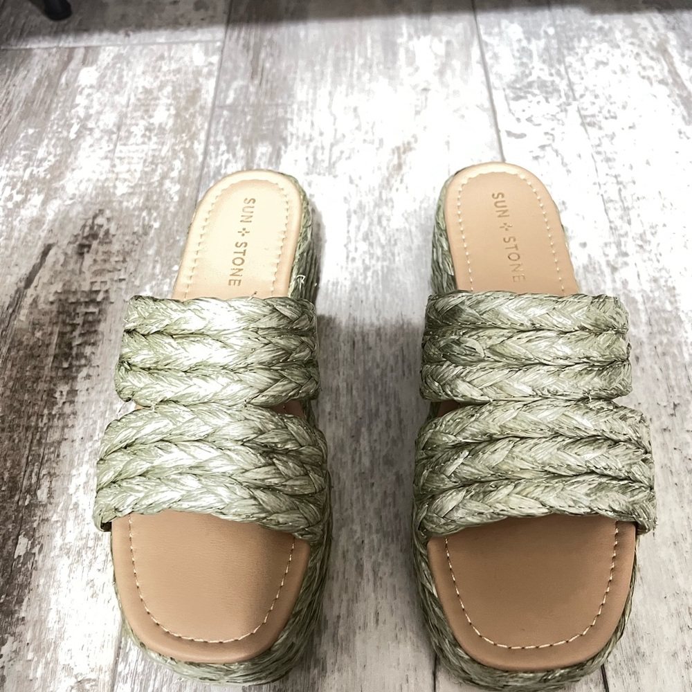 Sun + Stone Green Braided Slip-On Sandals
